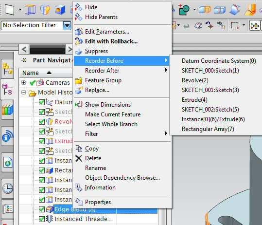 MODELING Part Navigator É possível alterar a posição de