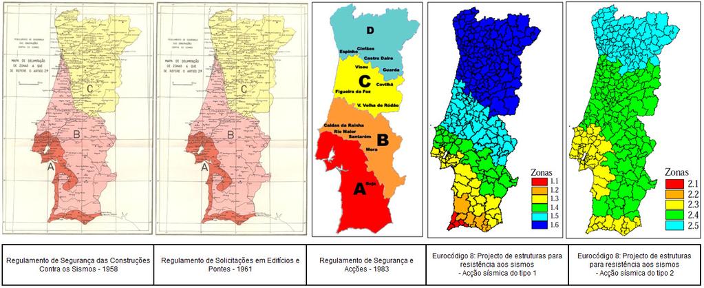 Capítulo 2 Ações em Edifícios Figura 2-7 Evolução do mapeamento sísmico em Portugal Continental ao longo das legislações portuguesas e europeia Na década de 90, foi criado o Comité Europeu de