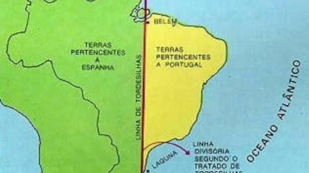 28- Analise o mapa a seguir e responda: a- Como se chama esse tratado? Em 1500 quando os portugueses chegaram ao Brasil, tomaram posse das terras e deram nomes às terras, rios e montes.
