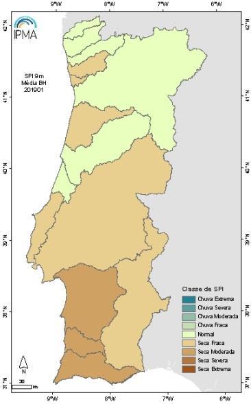 Verifica-se que no final deste mês nas escalas de 3, 6 e 9 meses aumentou a área em seca, sendo de realçar as bacias da região Sul (Sado, Mira e Ribeiras do Algarve) que estão na