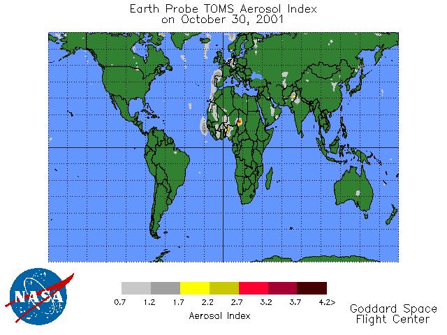 Fotografia I - Fotografia de satélite relativa à dispersão e área de influência de partículas na atmosfera com origem Sahariana, no dia 11 de Outubro de 2001. (Fonte: //jwocky.gsfc.nasa.