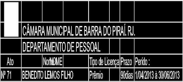 PRESIDENTE ATO Nº 77DE 03 DE ABRIL DE 2013 O PRESIDENTE DA CÂMARA MUNICIPAL DE BARRA DO PIRAI, no uso das atribuições que lhe confere a legislação em vigor; Exonera:Renato Dias de Oliveira, do Cargo