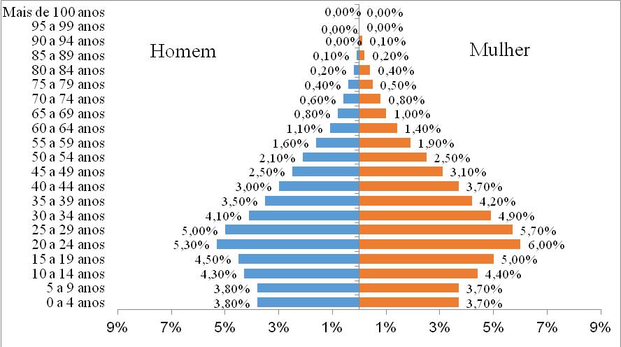 Figura 2. Gráfico de Pirâmide Etária, segundo faixas de idade e sexo. São Luís MA, 2010.
