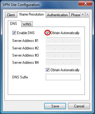 Etapa 8. (opcional) clica sobre a aba da resolução de nome, verifica a caixa de verificação das VITÓRIAS da possibilidade se você quer permitir o server de nome de Internet de Windows (VITÓRIAS).