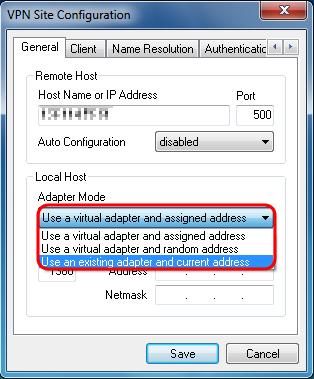 As opções disponíveis são definidas como segue: Use um adaptador virtual e um endereço atribuído Permite que o cliente use um adaptador virtual com um endereço especificado como a fonte para suas