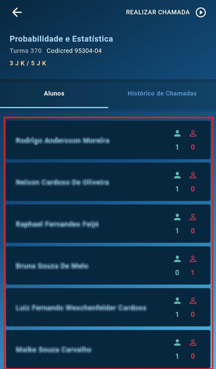 23. Após a primeira chamada ser realizada, será possível visualizar o nome dos alunos matriculados na turma, e a quantidade de presenças/ausências ao lado do nome. 24.