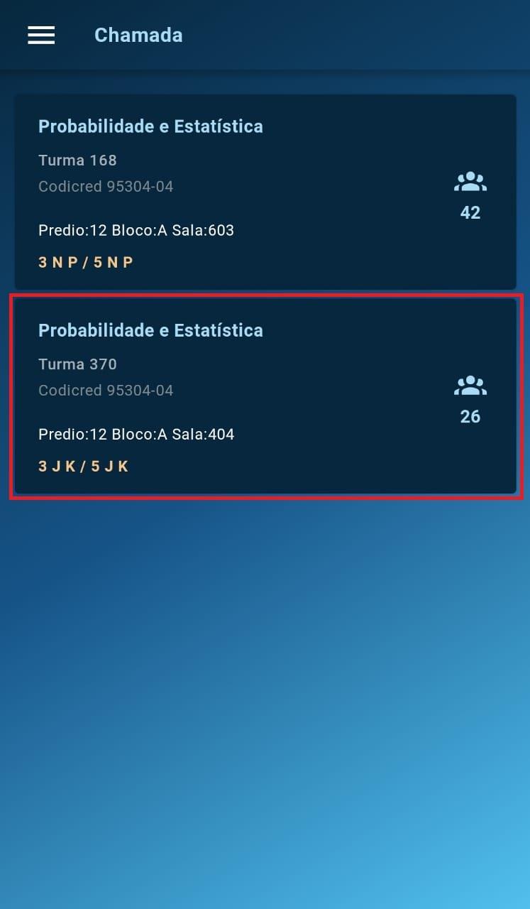 4. Após clicar no ícone da chamada, será direcionado para a listagem de disciplinas. 5.