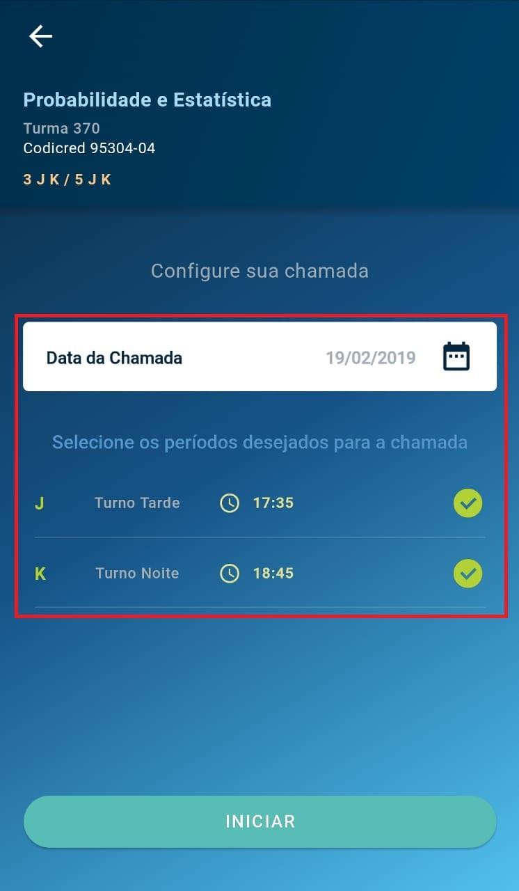 11. Após clicar em REALIZAR CHAMADA, é direcionado para a tela de configuração da chamada, onde é possível selecionar a data da chamada e os períodos¹ para a marcação de presença / ausência. 12.