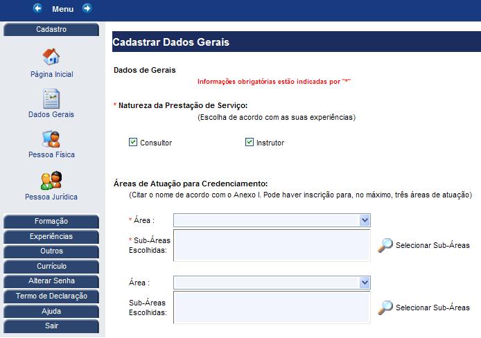 13 SELECIONAR AREAS DE ATUAÇÃO Clicar em Dados Gerais.