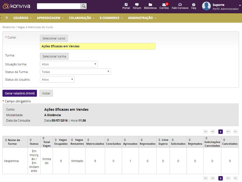 Vagas e Matrículas da Turma (HTML) Detalha as informações de matrícula, aprovação e aproveitamento de cada aluno de uma turma. Indicado para acompanhar nota e aprovação dos alunos em uma turma.