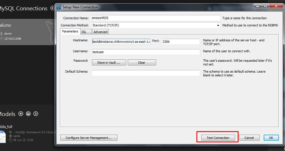 Nome da conexão (amazondb) e no Hostname colocar o nome da nossa instância