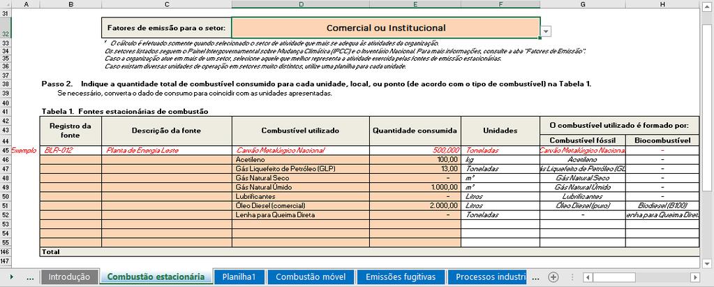 No caso de sua instituição não possuir alguma fonte de emissão citada acima, mantenha a ordem correta de preenchimento, e complete a quantidade consumida (coluna E) com o número 0 (zero) para as