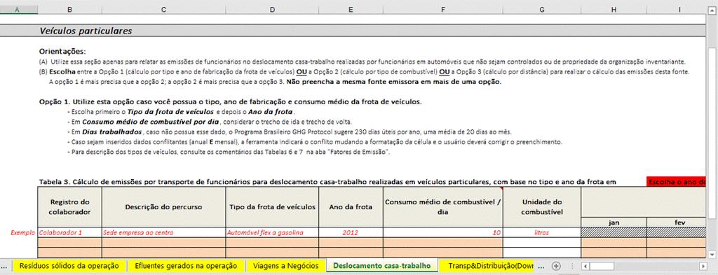 3) Para deslocamento por Veículos particulares: Utilize os dados coletados na Tabela 4 (linha 354) para cálculo da emissão por deslocamento casa-trabalho