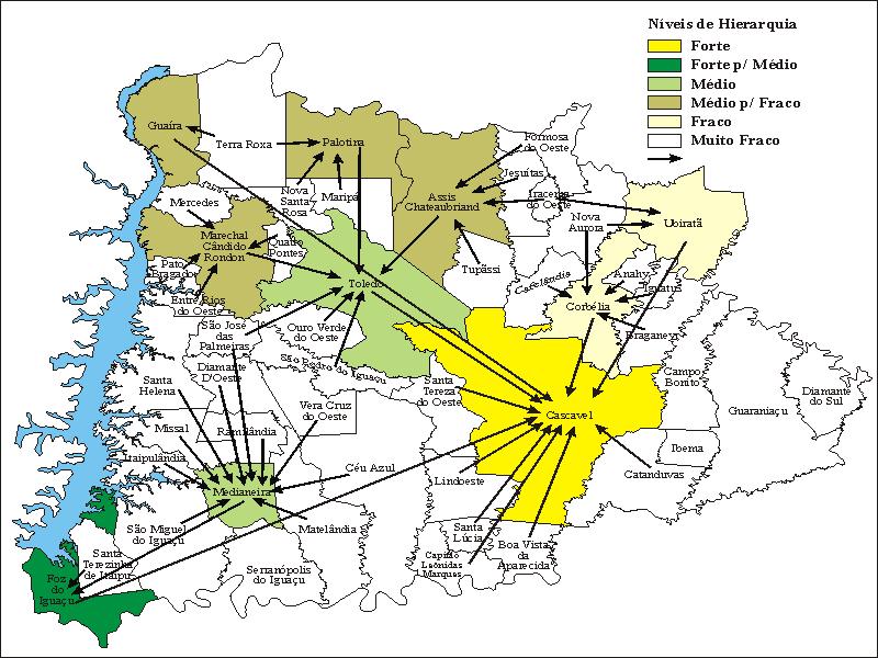 FIGURA NÍVEL DE HIERARQUIA DOS MUNICÍPIOS DA MESORREGIÃO OESTE PARANAENSE - 000 Níveis de Hierarquia Forte Forte p/ Médio Médio Médio p/ Fraco Fraco Muito Fraco Indica o mun.