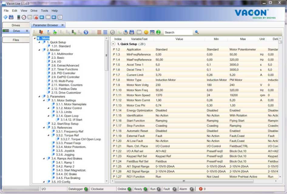 VACON 90 INTERFACES DO USUÁRIO 3.5 VACON LIVE O VACON Live é uma ferramenta para PC para comissionamento e manutenção dos conversores de frequência das famílias VACON 10, VACON 20 e VACON 100.