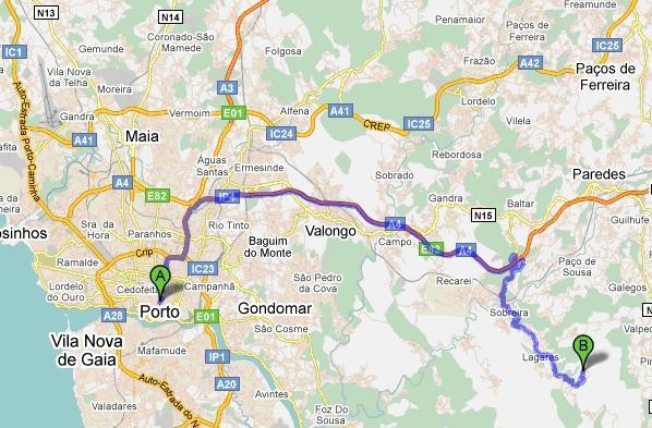 Mapa Para quem vem na A4 direção Porto-Amarante/Vila Real, sai no nó Penafiel Sul