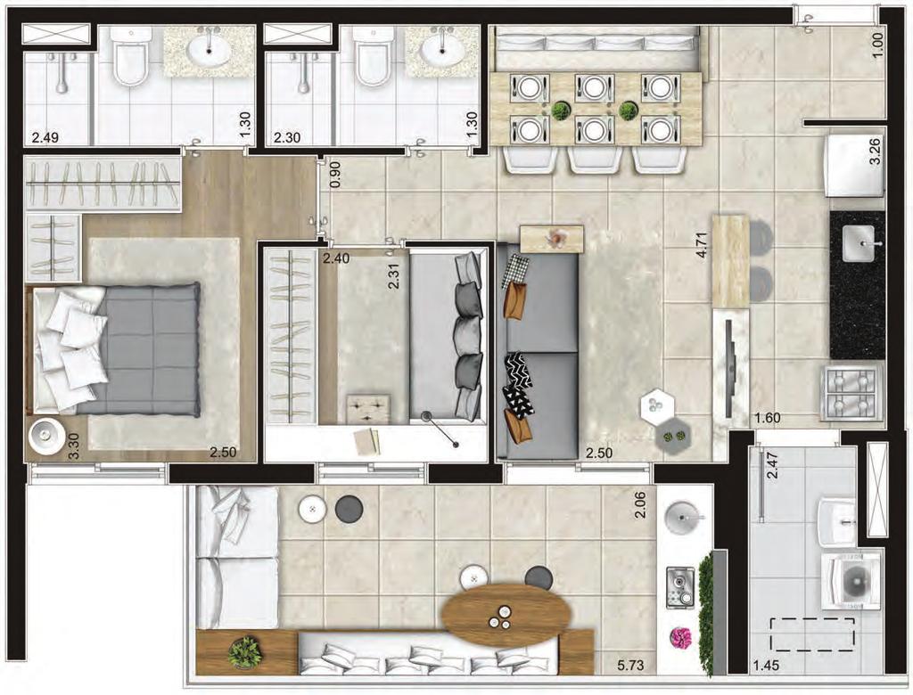 65 M 2 PLANTA-TIPO 2 DORMS. COM SUÍTE Planta-tipo - 2 dorms. - 65 m 2. Os móveis, objetos e revestimentos de piso, parede e forro são sugestões decorativas e não fazem parte do contrato.