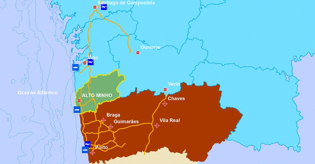 1. Contextualização: Território Espaço regional de transição com 3 milhões de habitantes a menos de 1 hora de viagem (Porto, Vigo, Braga