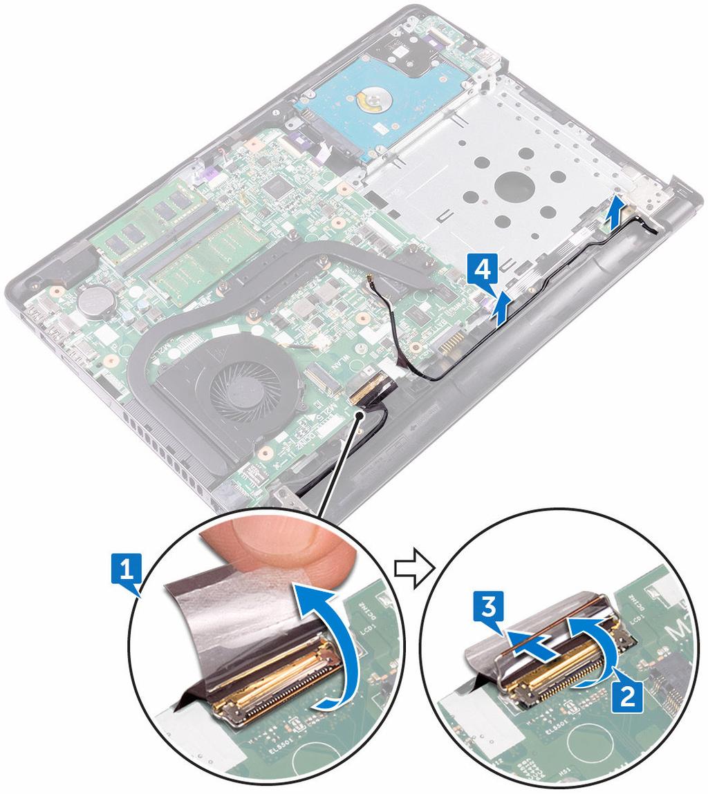 4 Tome nota do roteamento do cabo da antena e remova-o das guias de encaminhamento no conjunto do apoio para as mãos. 5 Vire o computador e abra a tela em um ângulo de 90 graus.