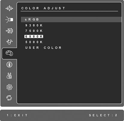 Controle Explicação Color Adjust (Ajuste de cor) oferece vários modos de ajuste de cor: temperaturas de cor e User Color (Cor do usuário) predefinidas; permite ajustar o vermelho (R), o verde (G) e o