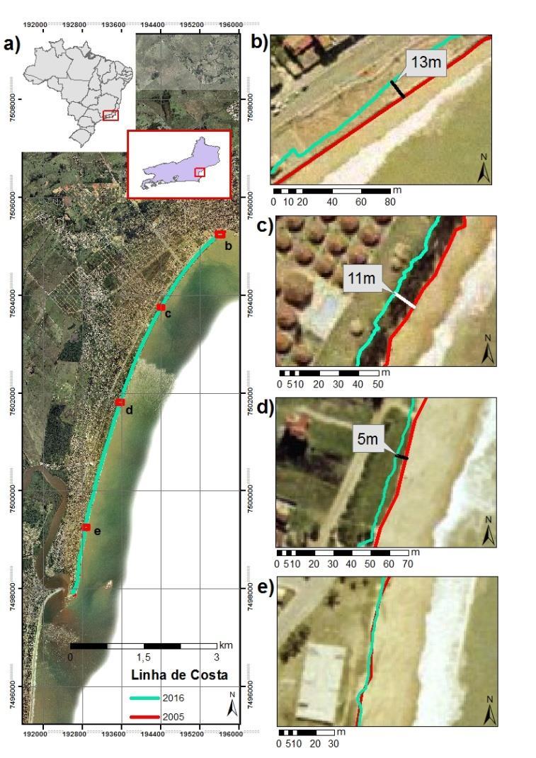 Figura 3- Comparação entre a linha de costa indicada pela escarpa erosiva em 2005 e 2017. No ponto A nota-se um recuo da linha de costa de 13m enquanto no ponto E não se nota quaisquer alterações.