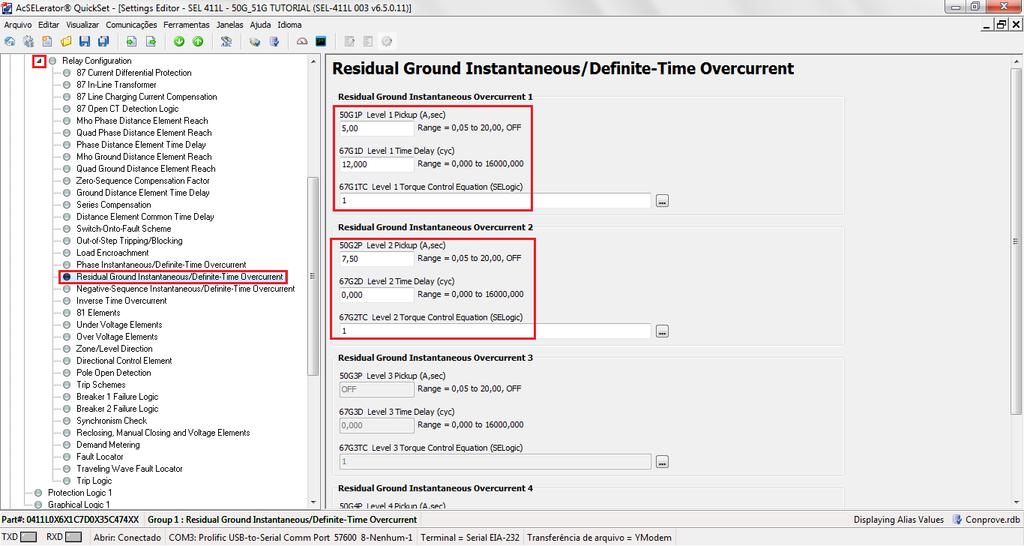 3.4 Residual Ground Instantaneous / Define-Time Overcurrent Clique no sinal de > ao lado de Relay Configuration em seguida em Residual Ground Instantaneous / Define-Time Overcurrent.