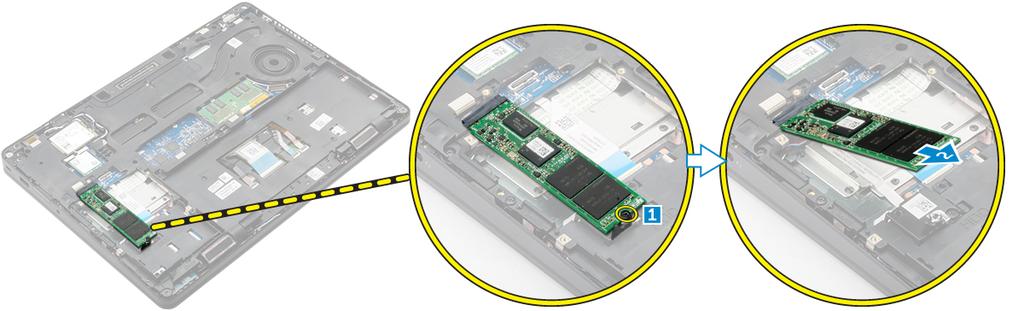 Unidade de estado sólido: opcional Como remover a unidade de estado sólido (SSD) M.2 opcional Se o sistema tiver sido fornecido com uma SSD M.2, execute as etapas a seguir.