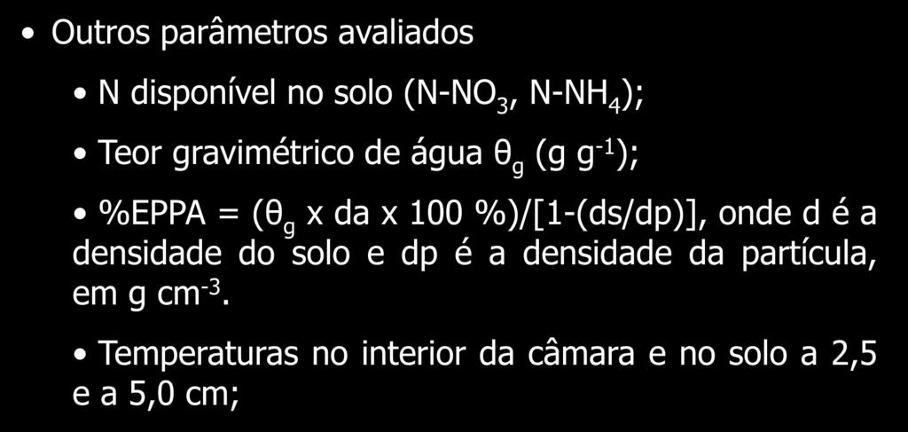 Determinação dos fluxos de gases traços (NO, N 2 O e CO 2 ) Outros parâmetros avaliados N disponível no solo (N-NO 3, N-NH 4 ); Teor gravimétrico de água θ g (g g -1 );