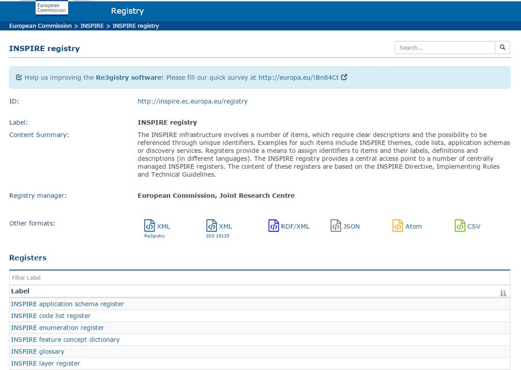 INSPIRE Registry Registers Baseado no software livre