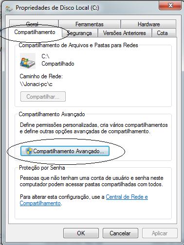 3. Será aberta a caixa de compartilhamento avançado. Clique no botão Permissões. 4. Será aberta a caixa de Permissões para C.