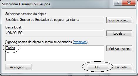 Nesta etapa observe que já consta no quadro de Nomes de grupo ou de usuário a opção que selecionamos Todos.