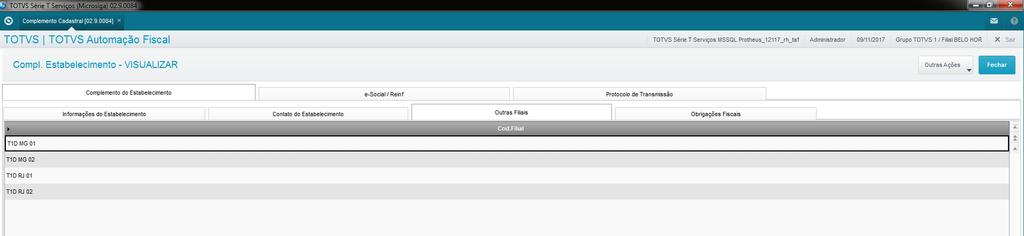 Configuração do TAF Já na configuração 1 x N, o usuário inclui