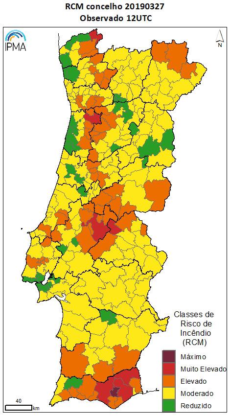 a) b) c) d) Figura 3- índice meteorológico de perigo de incêndio florestal, FWI, de 27 de março de 2019 (topo esq.