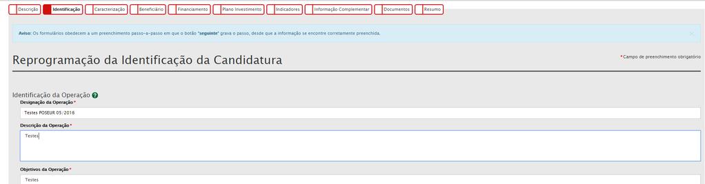 3.1.3.2 Identificação FIGURA 8 INSERIR REPROGRAMAÇÕES - IDENTIFICAÇÃO Ecrã que permite aos utilizadores das entidades beneficiárias alterar os dados de