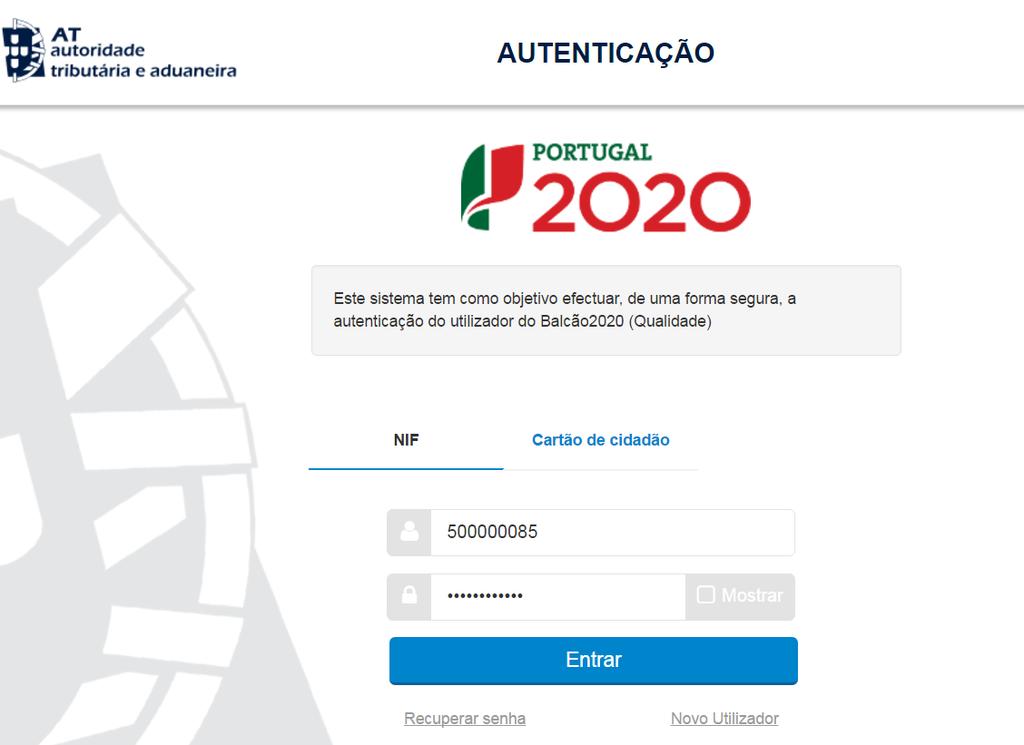 Surgirá um ecrã para Autenticação do Contribuinte.