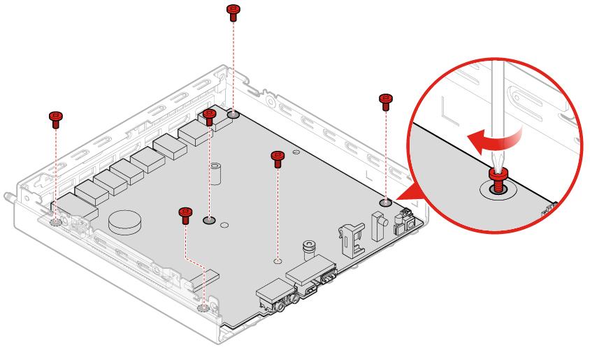 Figura 88. Instalando a placa-mãe d. Instale os parafusos para prender a placa-mãe. Figura 89. Instalando os parafusos para prender a placa-mãe 16.