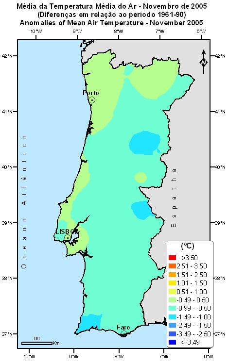 2. Temperatura do ar O mês de Novembro de 2005 foi caracterizado por valores médios da temperatura média do ar inferiores aos valores normais em quase todo o território.