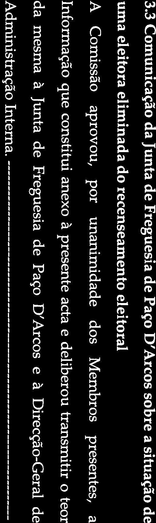 3 Comunicação da Junta de Freguesia de Paço D Arcos sobre a situação de uma eleitora eliminada do recenseamento eleitoral A Comissão aprovou, por