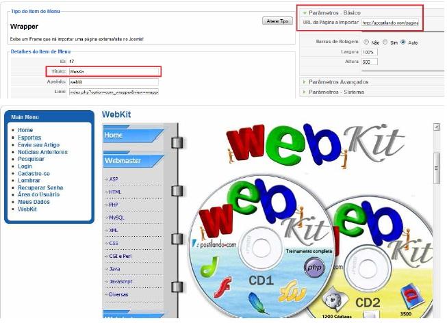 Abaixo de Usuários, temos Weblinks, Wraper, permite chamar um site dentro de seu site. Clique em Wraper, e vamos adicionar um link a ser aberto em nosso projeto.