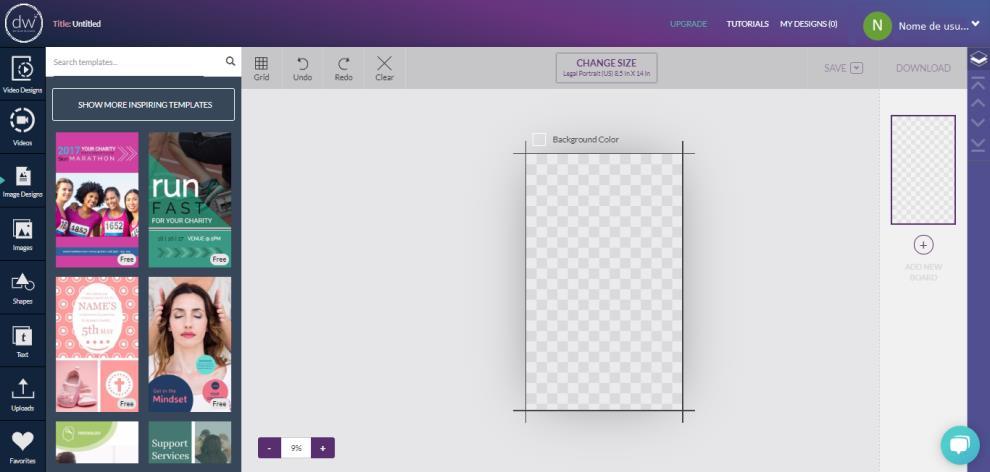 3. Criando um design Após a escolha do template e seu tamanho, você será redirecionado para a seguinte página para conhecer as possibilidades de edição.