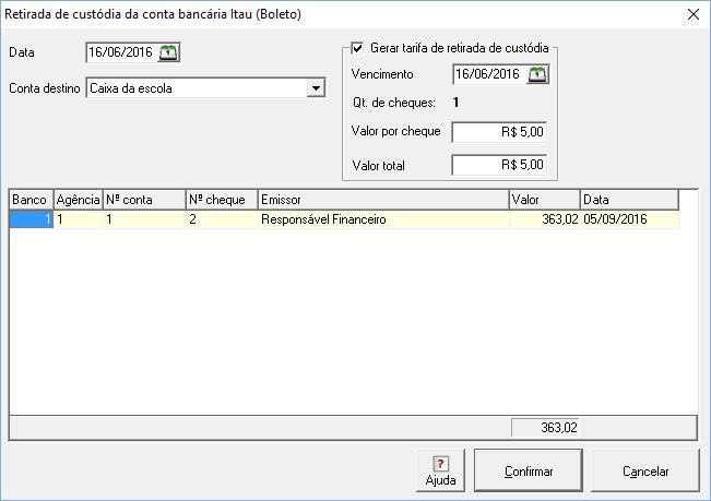 Esta operação só pode ser realizada quando a situação do cheque for em custódia. Ao clicar nesta operação o cheque que estava guardando com a instituição financeira, retorna para a unidade.