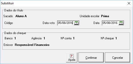 Figura 10 - Tela Substituir 1. Selecione os cheques que precisa substituir. 3. Clique na operação substituir. A tela substituir é exibida. 4. Selecione uma nova data de vencimento para o título. 5.