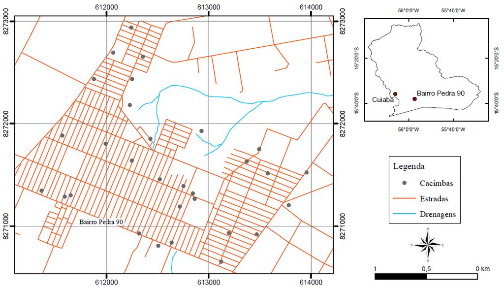 Figura 1 Mapa de localização das cacimbas monitoradas situadas no bairro Pedra Noventa, Cuiabá-MT O perfil do solo foi descrito em trincheiras segundo a classificação EMBRAPA (06).