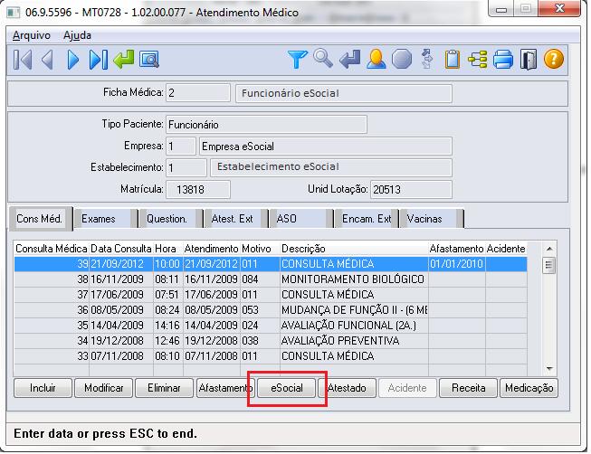 Na pasta Atest Ext, foi acrescentado o botão esocial que ficará habilitado somente se existir registro de Atestado Externo.