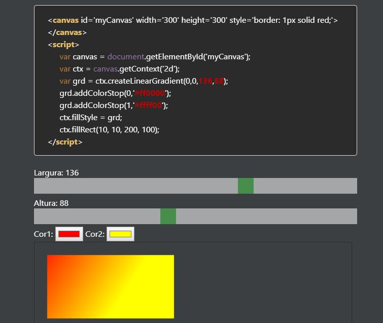 7 Figura 02: Simulador para criação cores gradientes com Canvas/HTML5 Ainda na Figura 02 é possível observar a presença de barras deslizantes e componentes para escolha de cores.