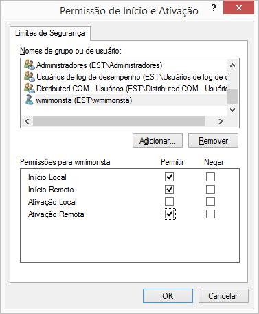 Adicione o usuário wmimonsta; Marque as opções: Início Local Início Remoto Ativação