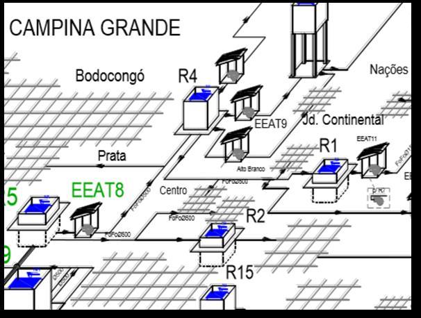 mínimo de 552 m. A subadutora que interliga o R-5 ao R-2 tem 500 mm de diâmetro e 1.890 m de comprimento e capacidade de adução na ordem de 190 L/s (ACQUAPLAN, 1979). Figura 2.