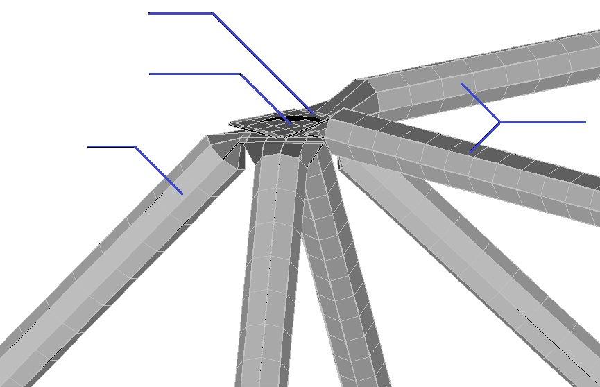 2 Discretização da estrutura com nó típico (LT) Na discretização da estrutura treliçada com nó típico foram utilizados 72372 elementos de placa (SHELL), com espessura de 1,2mm, e um total de 72348