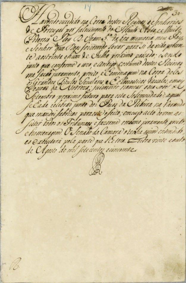 D. JOSÉ (1750-1777) [Decreto sobre a aclamação de D. José I], 1750-08-28.