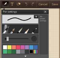 Utilidades Altera o tipo da caneta. Altera a espessura da caneta. Altera a cor da caneta. Salva a configuração atual como perfil de caneta. Exibe mais cores.